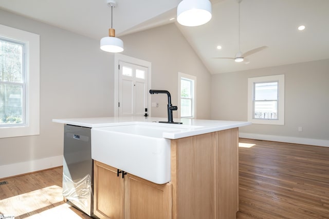 kitchen with lofted ceiling, wood finished floors, stainless steel dishwasher, a sink, and baseboards