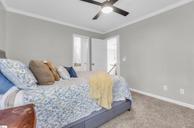 bedroom with carpet flooring, a ceiling fan, crown molding, and baseboards