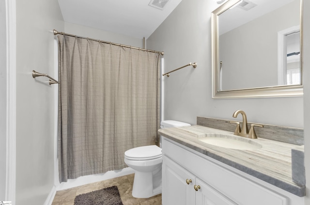 full bath with toilet, vanity, shower / bath combo with shower curtain, and visible vents