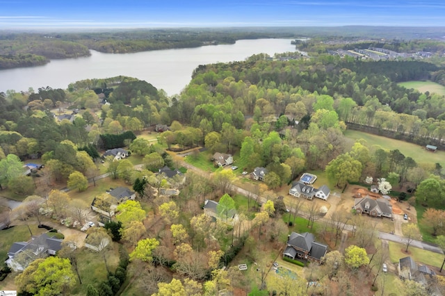 birds eye view of property with a water view and a forest view