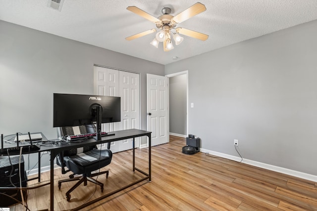 29 Parkgate Ct, Simpsonville, SC 29680 - home office featuring baseboards, light wood-style flooring, ceiling fan, and a textured ceiling