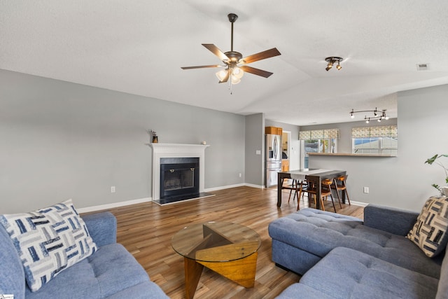 29 Parkgate Ct, Simpsonville, SC 29680 - living area with wood finished floors, ceiling fan, lofted ceiling, baseboards, and a premium fireplace