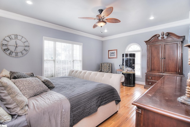 bedroom featuring ornamental molding, baseboards, light wood-style floors, and recessed lighting