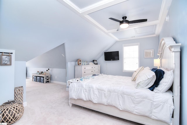 carpeted bedroom featuring baseboards, lofted ceiling, ornamental molding, and ceiling fan