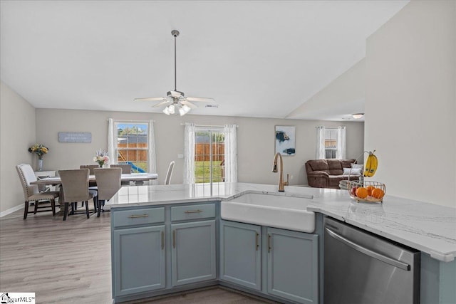 22 Kavanagh Ct, Greenville, SC 29611 - kitchen featuring stainless steel dishwasher, a sink, light wood-type flooring, open floor plan, and ceiling fan