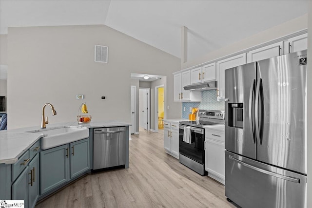 22 Kavanagh Ct, Greenville, SC 29611 - kitchen with white cabinets, under cabinet range hood, visible vents, a sink, and appliances with stainless steel finishes