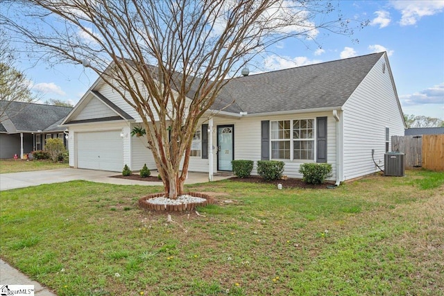 22 Kavanagh Ct, Greenville, SC 29611 - view of front of house with central AC, concrete driveway, an attached garage, fence, and a front yard