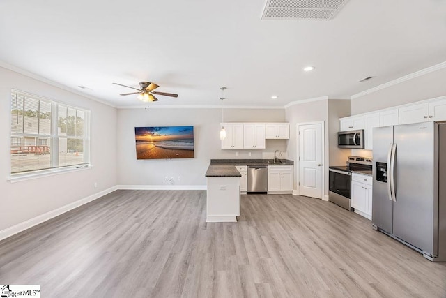 kitchen with appliances with stainless steel finishes, visible vents, baseboards, dark countertops, and ceiling fan