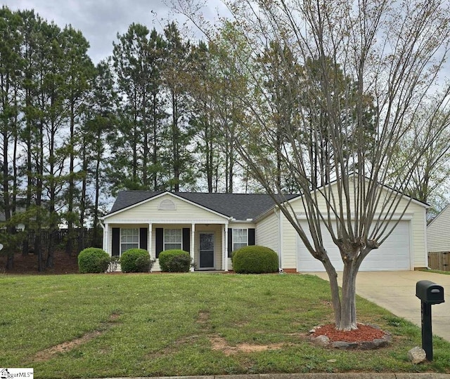 view of front of house featuring driveway, a shingled roof, an attached garage, and a front lawn