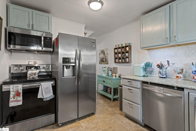 305 Morse St, Pendleton, SC 29670 - kitchen with light stone countertops, tasteful backsplash, appliances with stainless steel finishes, and crown molding