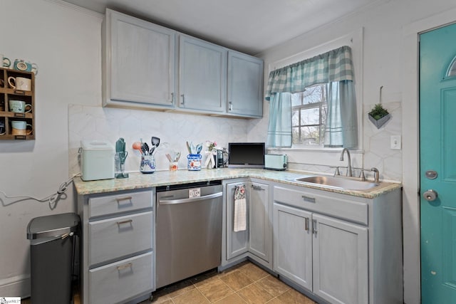 305 Morse St, Pendleton, SC 29670 - kitchen featuring decorative backsplash, a sink, gray cabinets, and dishwasher