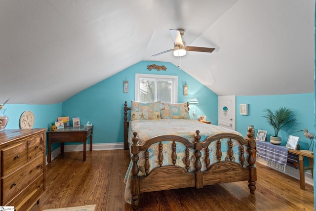 305 Morse St, Pendleton, SC 29670 - bedroom with baseboards, vaulted ceiling, wood finished floors, and a ceiling fan