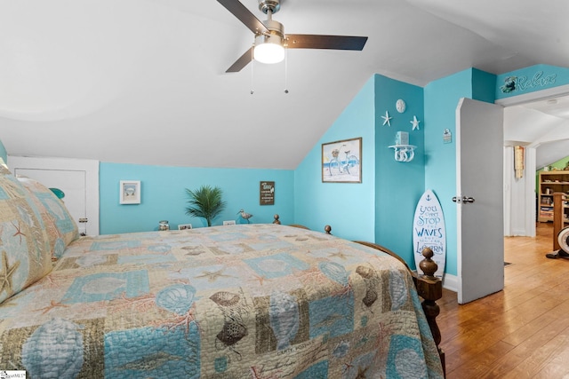 305 Morse St, Pendleton, SC 29670 - bedroom featuring baseboards, lofted ceiling, wood finished floors, and ceiling fan