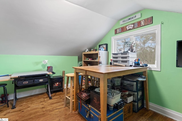 305 Morse St, Pendleton, SC 29670 - office area with baseboards, lofted ceiling, and wood finished floors