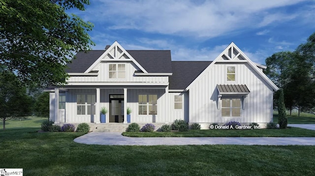 130 Grandview Dr, Easley, SC 29640 - modern inspired farmhouse featuring board and batten siding, a shingled roof, a front lawn, and covered porch