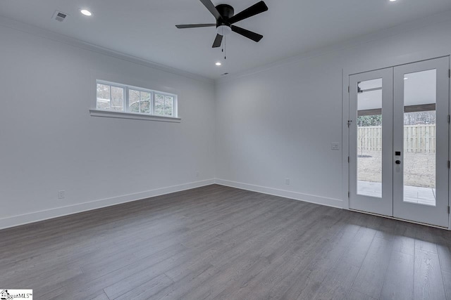 unfurnished room featuring crown molding, ceiling fan, french doors, baseboards, and dark wood-style floors