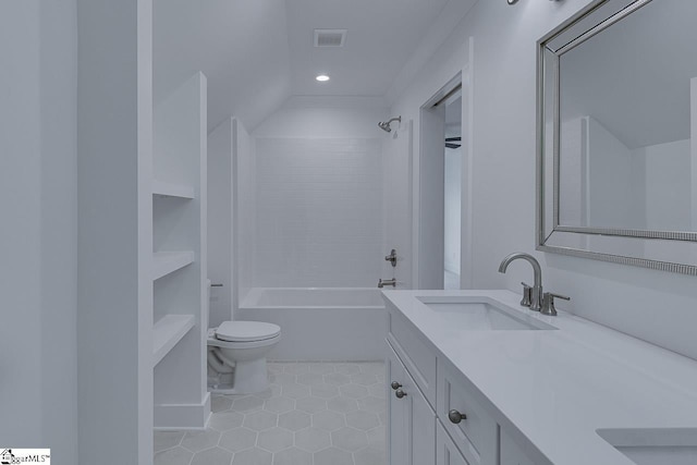 full bathroom with tub / shower combination, toilet, a sink, tile patterned floors, and double vanity
