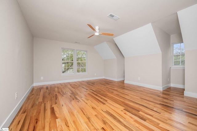 additional living space with ceiling fan, visible vents, baseboards, and light wood-style flooring