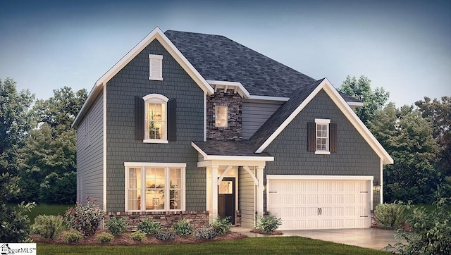 413 Fiery Rd Lot 0197, Mauldin, SC 29607 - craftsman inspired home with a garage, stone siding, driveway, and a shingled roof