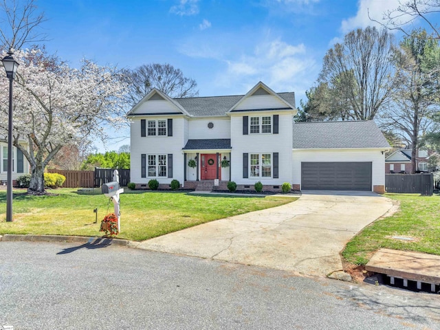 view of front of property with an attached garage, crawl space, fence, a front lawn, and driveway