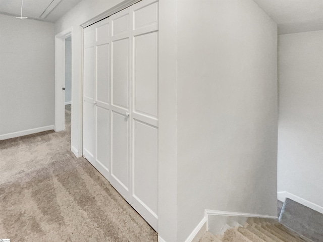 interior space featuring attic access, baseboards, and carpet floors