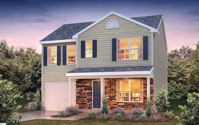 traditional-style house featuring an attached garage, roof with shingles, and stone siding