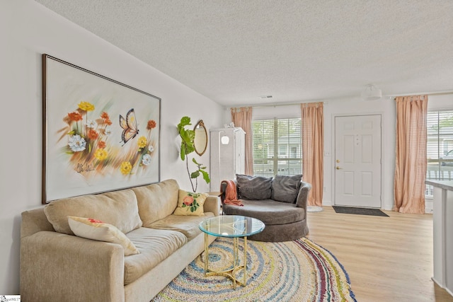 living area with plenty of natural light, light wood-style floors, and a textured ceiling