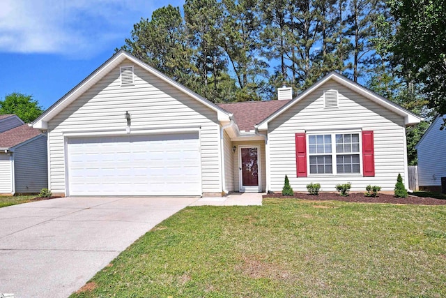 ranch-style house with a front yard, a shingled roof, a garage, a chimney, and concrete driveway