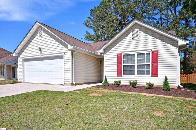 single story home featuring concrete driveway, a front yard, roof with shingles, and an attached garage