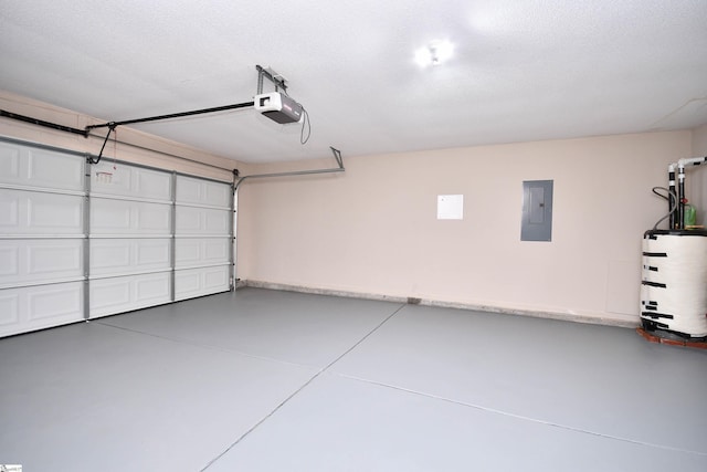 garage with a garage door opener, electric panel, and water heater