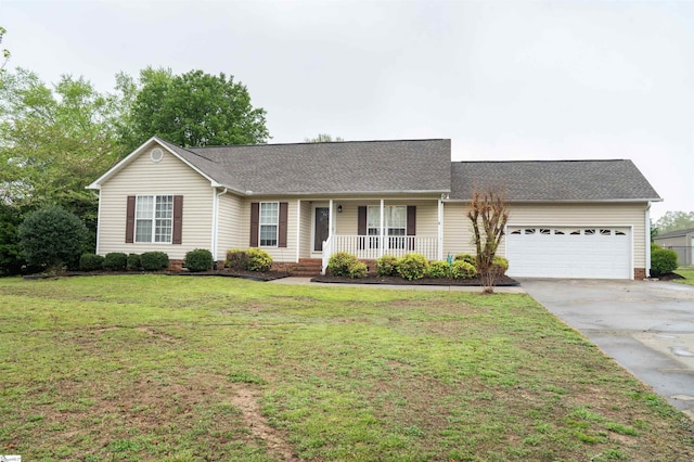 single story home with covered porch, roof with shingles, a front lawn, a garage, and concrete driveway