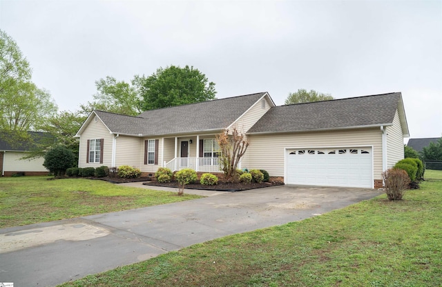 ranch-style home with crawl space, a garage, a front lawn, driveway, and roof with shingles