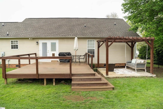 back of property with a pergola, a yard, an outdoor hangout area, french doors, and a wooden deck