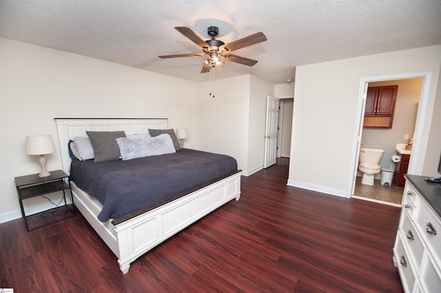 bedroom with ceiling fan, a textured ceiling, baseboards, and wood finished floors