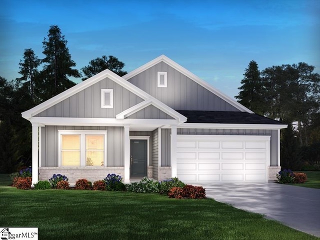 831 Burghley Cir, Greer, SC 29651 - view of front of home with board and batten siding, concrete driveway, brick siding, a garage, and a front lawn