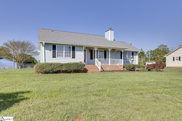 single story home with a front yard, a porch, a chimney, and a shingled roof
