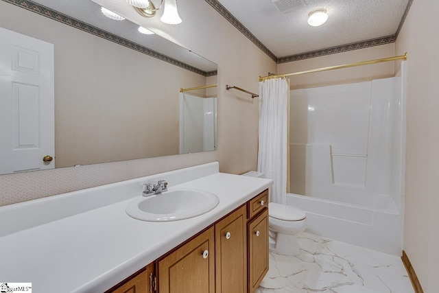 bathroom featuring vanity, a textured ceiling, toilet, shower / bath combo with shower curtain, and marble finish floor