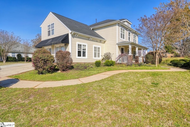 view of home's exterior featuring a porch and a yard