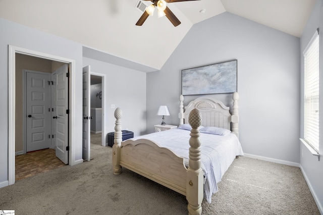 carpeted bedroom featuring visible vents, ceiling fan, multiple windows, and lofted ceiling