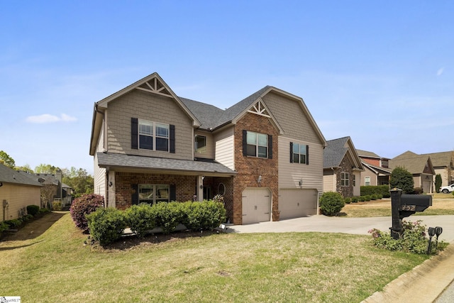 craftsman-style home with a garage, a front lawn, brick siding, a shingled roof, and driveway