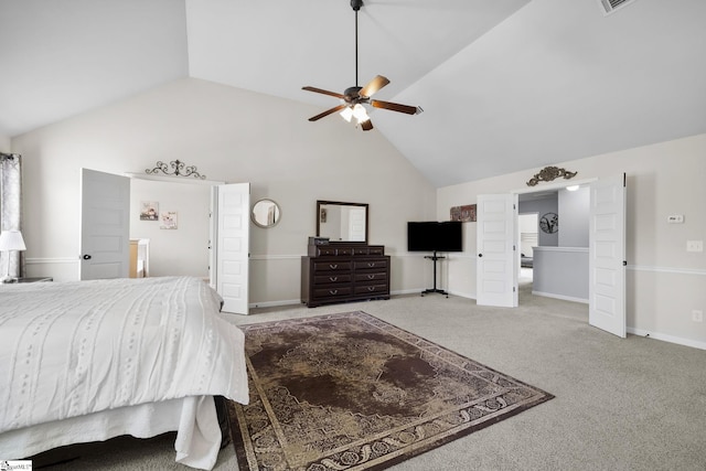 bedroom featuring baseboards, a ceiling fan, high vaulted ceiling, and light carpet