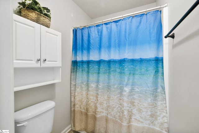 full bath featuring toilet and curtained shower