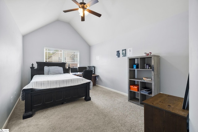 carpeted bedroom featuring baseboards, a ceiling fan, and lofted ceiling