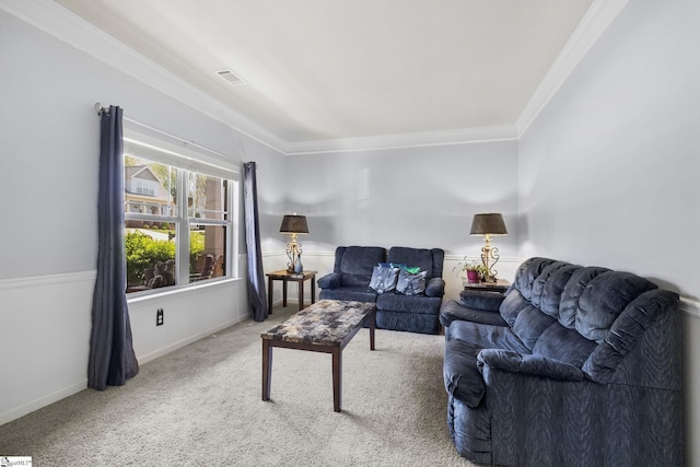 living room with crown molding, visible vents, baseboards, and carpet
