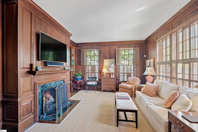 living room featuring wood walls and a premium fireplace