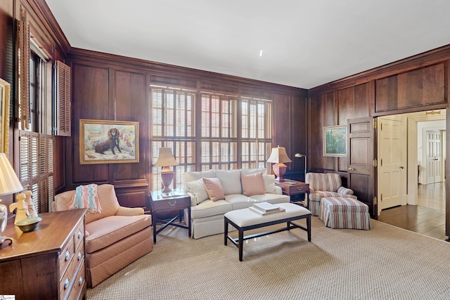 living area with wooden walls and ornamental molding