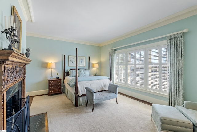 carpeted bedroom featuring baseboards, multiple windows, and crown molding