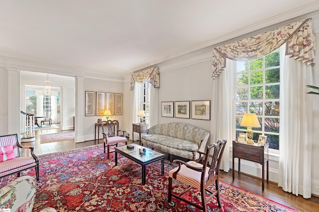 living room featuring wood finished floors, baseboards, and ornamental molding