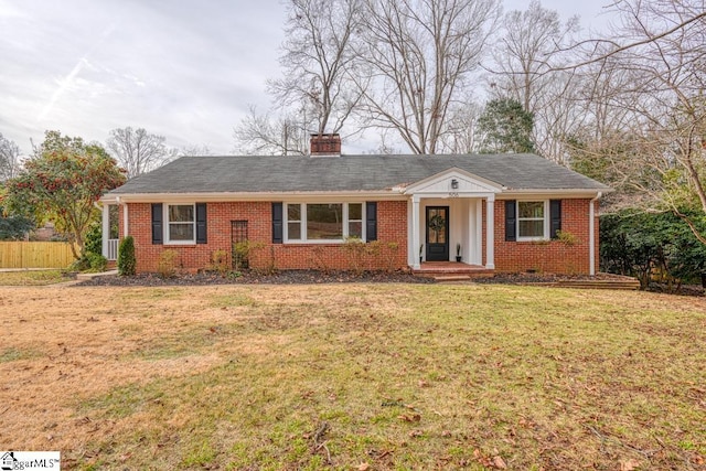 506 Parkview Dr, Spartanburg, SC 29302 - ranch-style house with a chimney, a front yard, fence, and brick siding