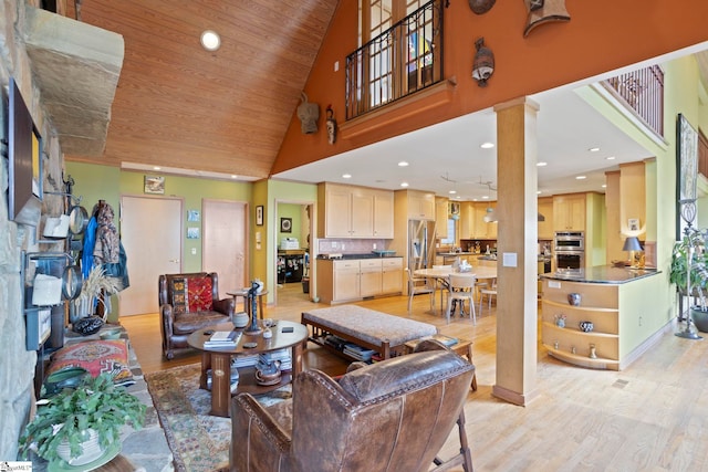 902 Altamont Rd, Greenville, SC 29609 - living room featuring light wood-style flooring, high vaulted ceiling, wooden ceiling, and recessed lighting